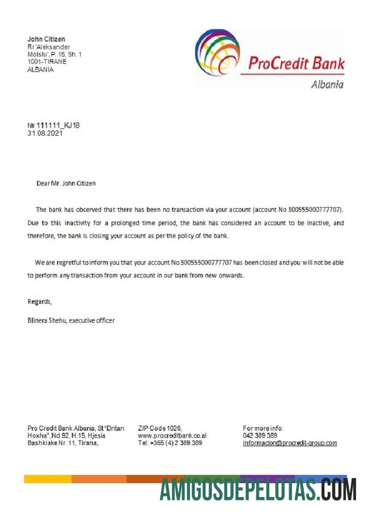 Referência de encerramento do Procredit da Albânia amostra